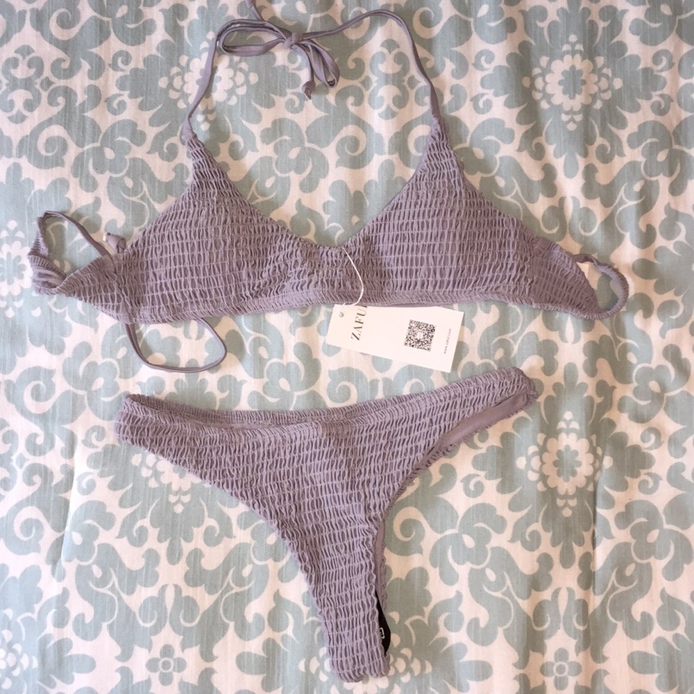 Grey smocked ribbed cheeky bikini set
